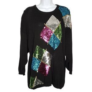 Vtg Argyle Geometric Beaded Sequin Party Sweater 2X Black Silver Pink Green Blue